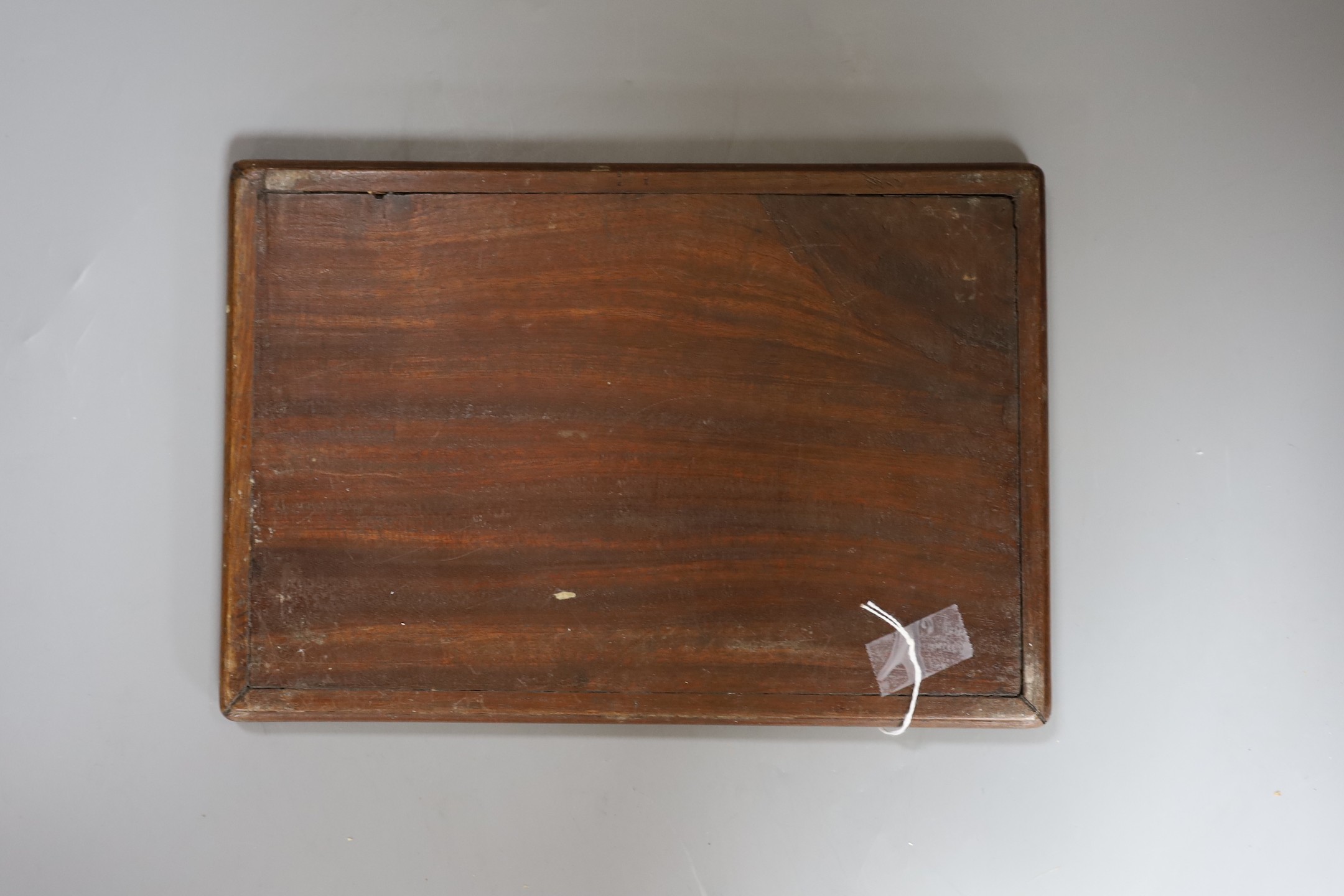 A Chinese mother of pearl inlaid wood tray with bordered decoration, 29.5cm wide